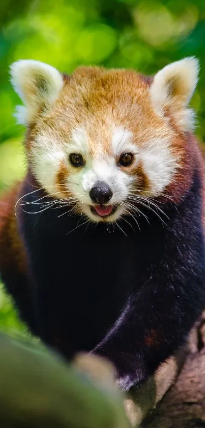 Red panda perched on a tree branch, surrounded by vibrant greenery.