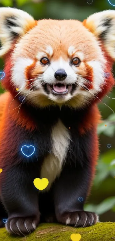 A vibrant red panda standing in a lush forest setting.