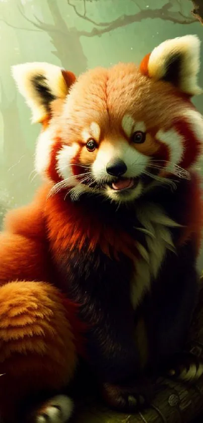 Vibrant red panda in a lush green forest setting.