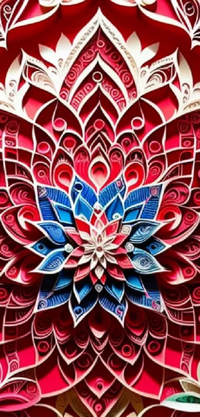 Intricate red paper art design with a vibrant, floral-inspired pattern.