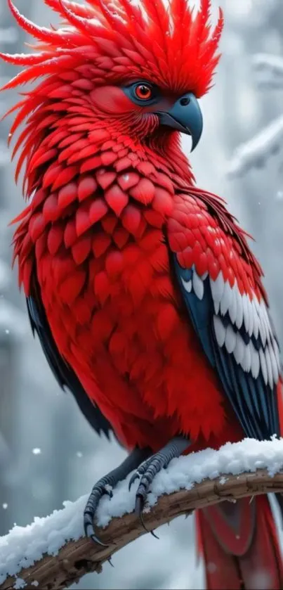 Red parrot perched on snowy branch in forest.