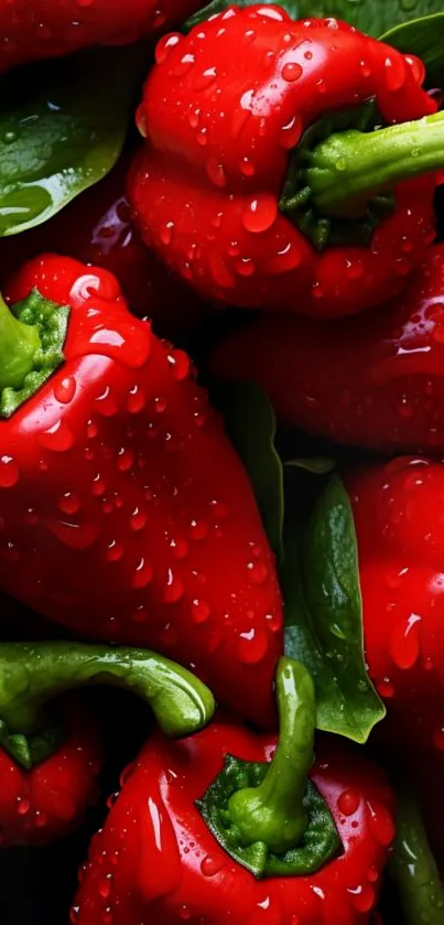 Vibrant red bell peppers with green leaves