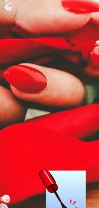 Red petals with polished nails on wallpaper.