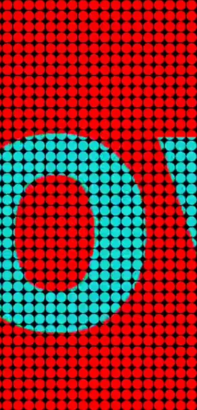 Vibrant red wallpaper with turquoise pixelated letters.