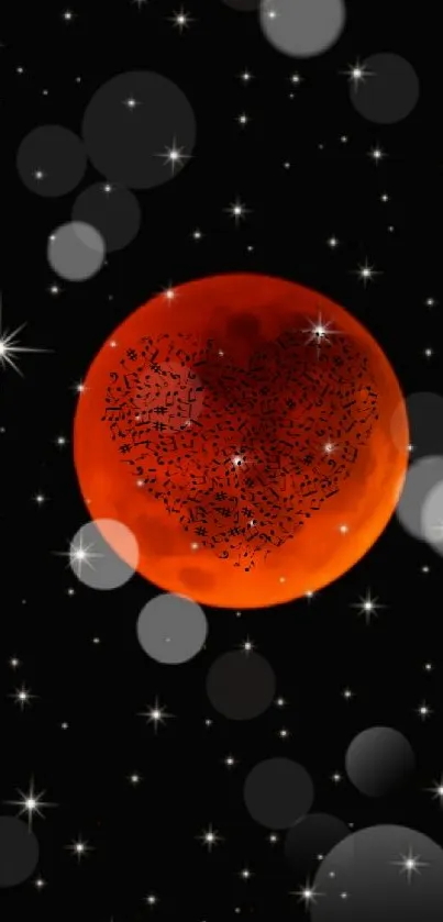 Red planet against a starry black background with glowing orbs.