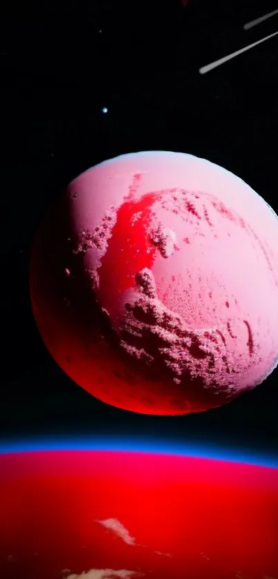 A vibrant red planet in space, glowing against a dark backdrop.