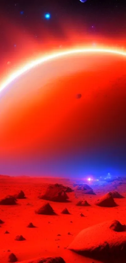 Red planet under a starry sky, perfect mobile wallpaper.