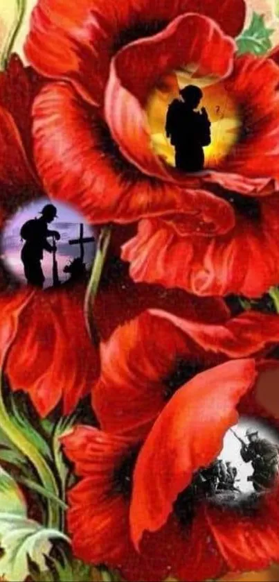 Red poppies on mobile wallpaper with artistic silhouettes.