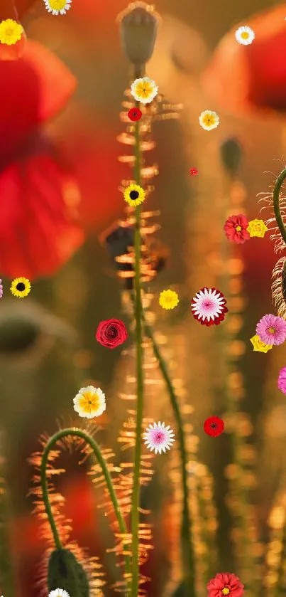 Vibrant red poppies illuminated by golden sunlight in a natural setting.