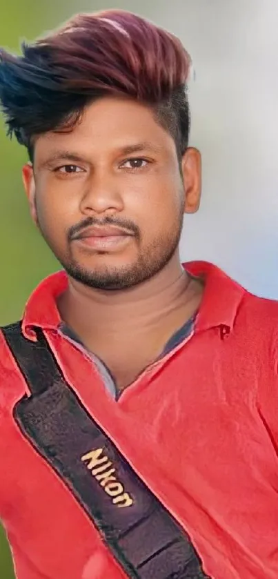 Portrait of a stylish man in a red shirt with colorful hair against a green background.