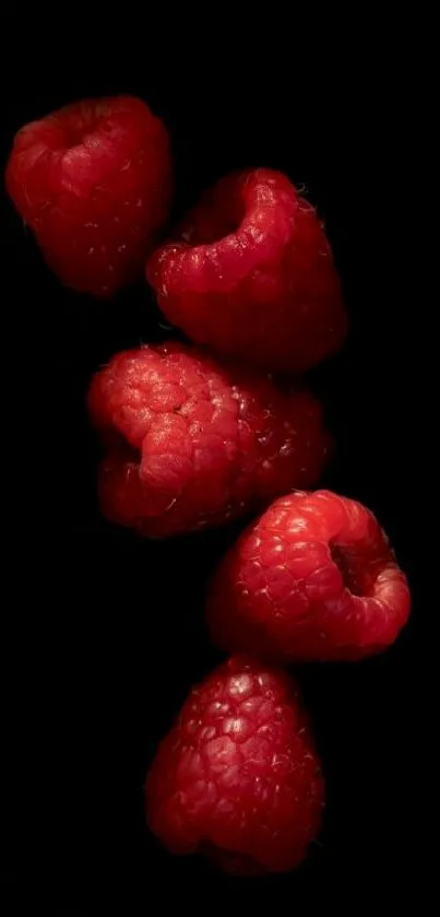 Red raspberries on rich black background mobile wallpaper.