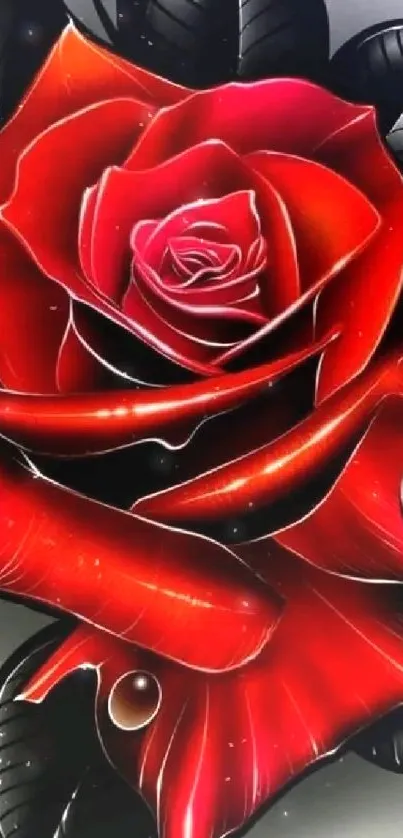 Vibrant red rose with black leaves, perfect for mobile wallpaper.