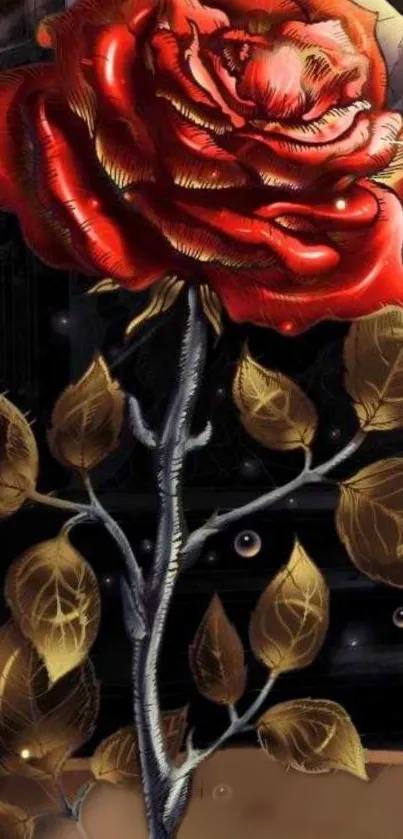 Intricate red rose with golden leaves on artistic wallpaper.