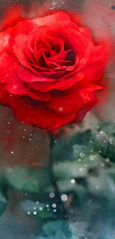 Vibrant red rose in watercolor art style on a mobile wallpaper.