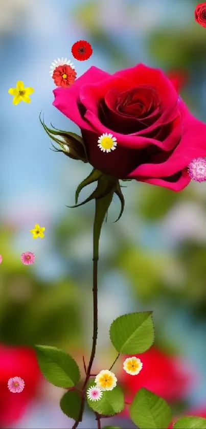 Vibrant red rose in full bloom against a blurred natural background.