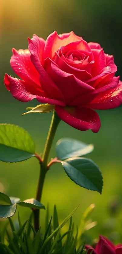 Close-up of a vibrant red rose blossom in sunlight.