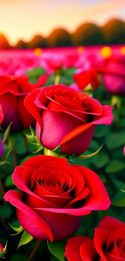 Close-up of vibrant red roses in a sunset-lit field, showcasing natural beauty.