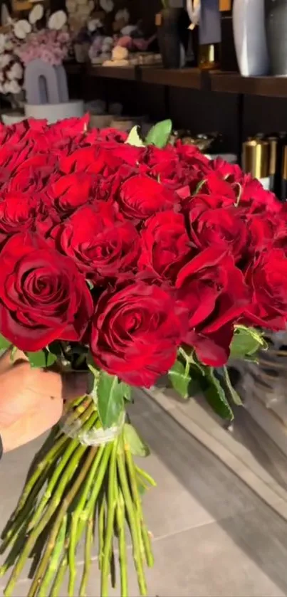 A stunning bouquet of red roses in sunlight.