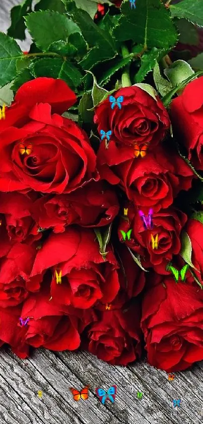 Vibrant bouquet of red roses on wooden background.