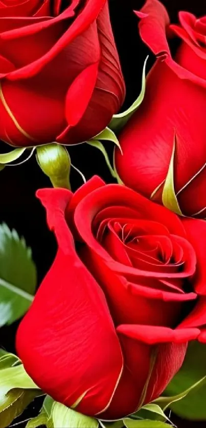Stunning red rose bouquet with green leaves.