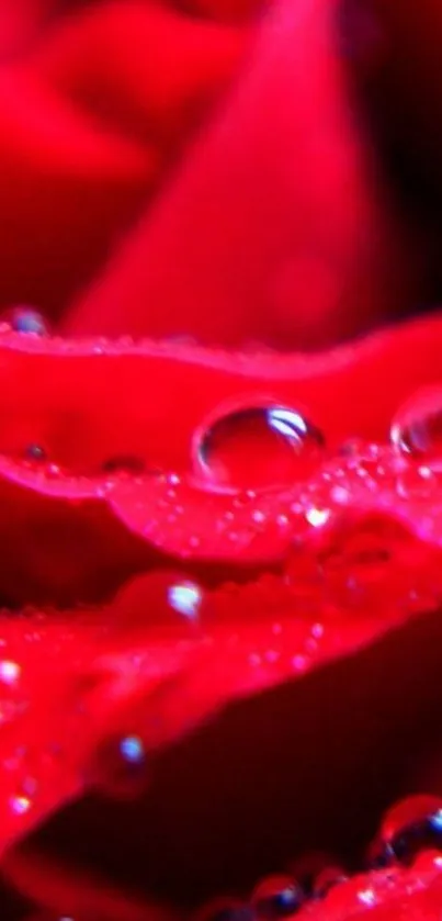 Close-up of red rose petals with dewdrops, vibrant and elegant.