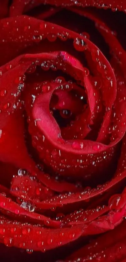 Close-up of a vibrant red rose with dew drops adorning its petals.