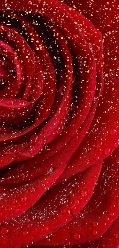 Closeup of vibrant red rose petals with dewdrops.