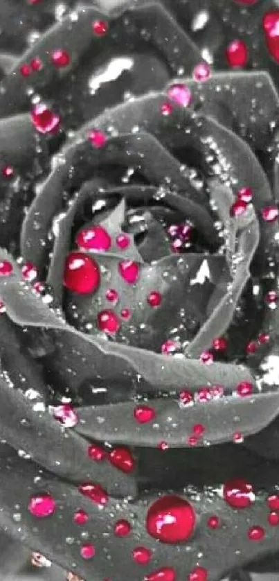 Close-up of a red rose with dewdrops on monochrome background.