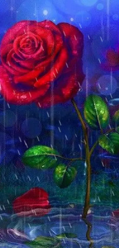 Vibrant red rose in rain on a stunning mobile wallpaper background.