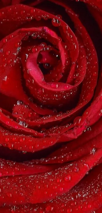 Close-up of a vibrant red rose with glistening water droplets on petals.