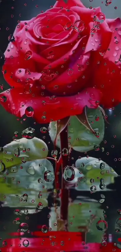 Vibrant red rose with dewdrops on petals