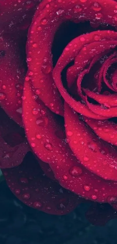 Close-up of a vibrant red rose with dew drops.