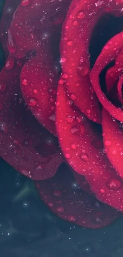 Close-up of a vibrant red rose with water droplets.