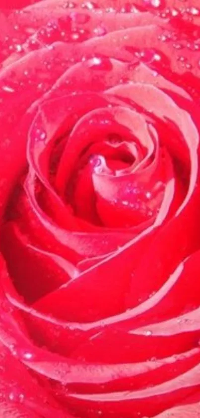 Close-up of a vibrant red rose with water droplets on petals.