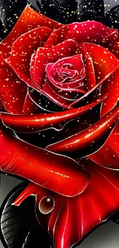 Vibrant red rose with black leaves wallpaper.