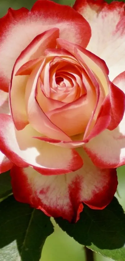 Vibrant red rose with green leaves on a sunny background.