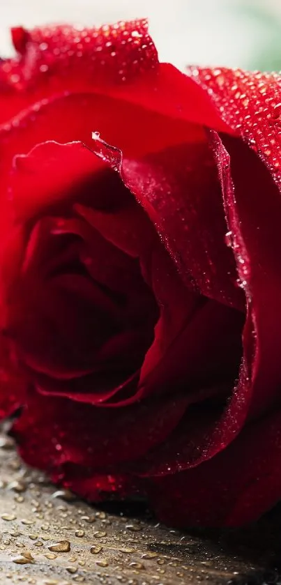 A closeup of a vibrant red rose with water droplets on a wooden surface.