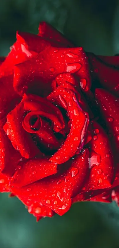 Close-up of a vibrant red rose with dewdrops.