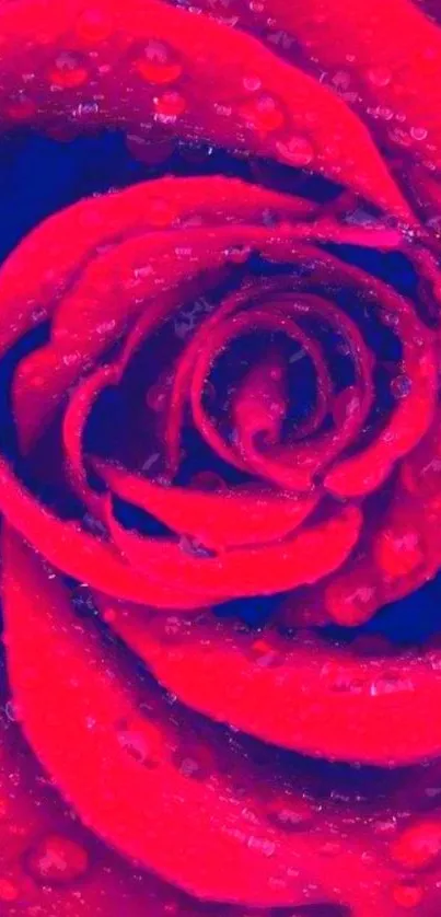 Vibrant red rose with droplets on petals, close-up view.