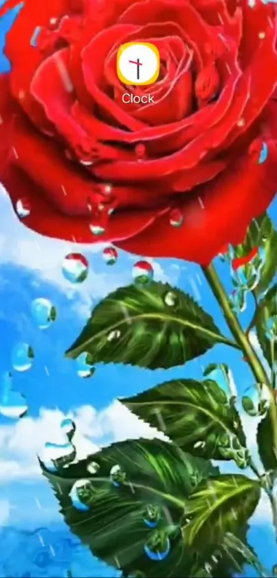 Vibrant red rose with water droplets on blue sky background.