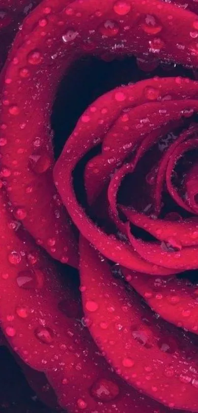 Close-up of a vibrant red rose with dewdrops on petals.