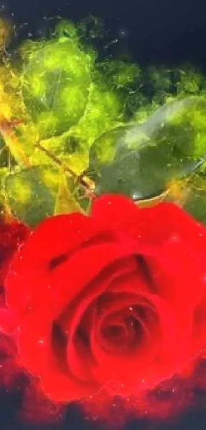 Vibrant red rose with colorful artistic background.