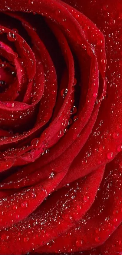 Close-up of a dewy red rose, vibrant and detailed.