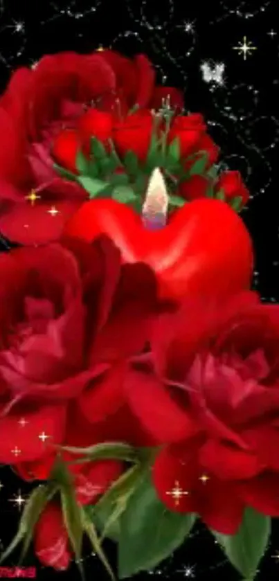 Beautiful red roses with stars and butterflies on a black background.