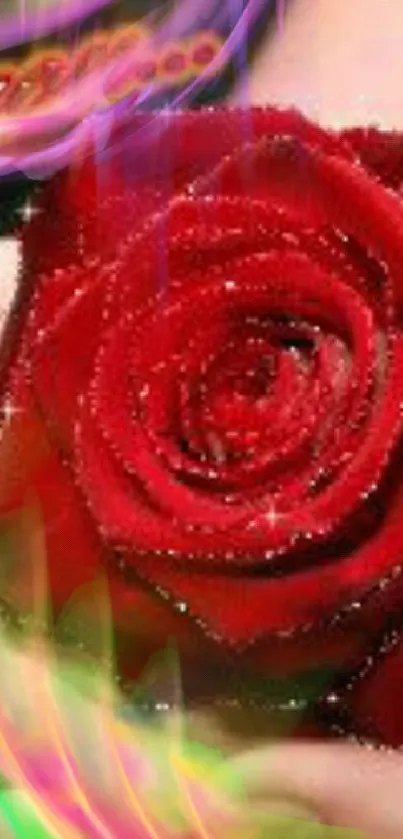 Vibrant red rose with colorful sparkles and abstract swirls wallpaper.