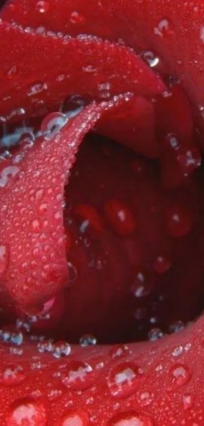 Close-up view of a vibrant red rose with dewdrops.