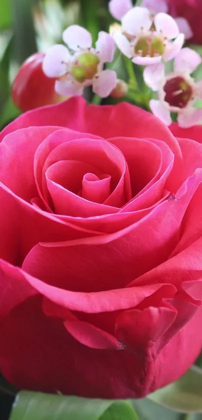 Vibrant red rose with white blossoms background.