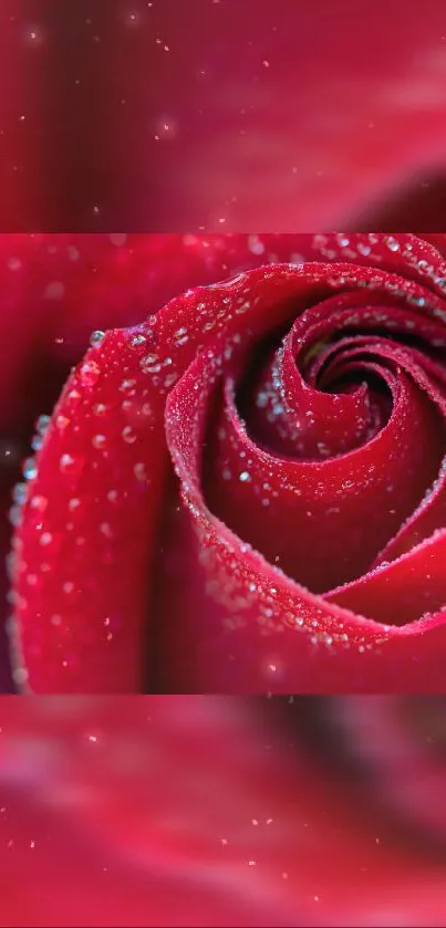 Close-up of a vibrant red rose with dewdrops, perfect for a mobile wallpaper.