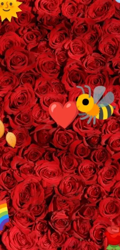 Red roses background with playful emojis.