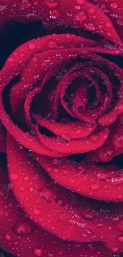 Close-up of a vibrant red rose covered in water droplets.